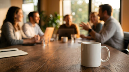 Fototapeta premium White ceramic coffee mug on a wooden conference table with blurred business people in the background during a meeting