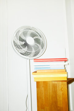 Fan/ventilator  in business office during summer heat waves with flash