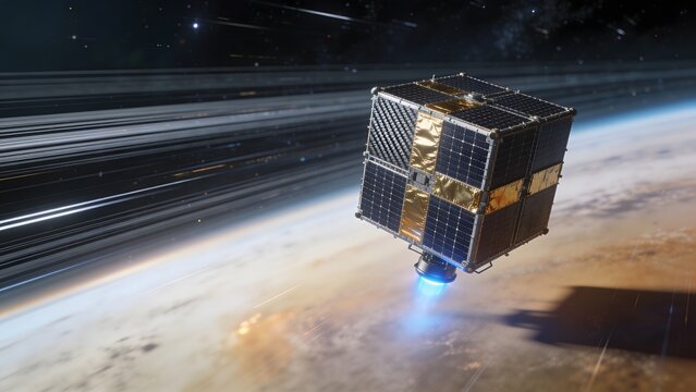 Detailed 3D rendering of a small CubeSat satellite orbiting Earth with active plasma thruster and solar panels. Perfect for space exploration banners, satellite comms, and orbital tech art.