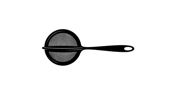 Black strainer with handle on white background with illustration preparation kitchen cooking utensil simple sieve mesh food tool icon