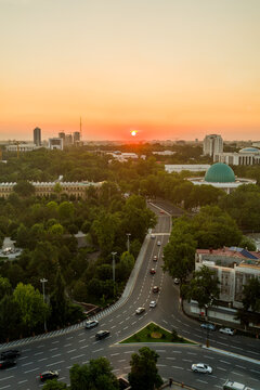Sunset Over City With Skyline in Tashkent, Uzbekistan