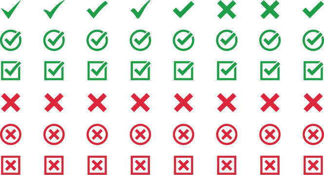 Check mark and cross sign icon collection in flat design.