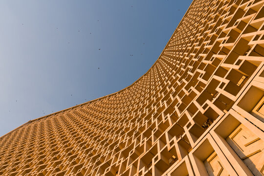 Building Structure With Blue Sky View From Below