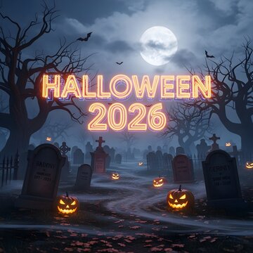A refreshed and expressive rephrasing of 3D-rendered glowing Halloween 2026? floating above graveyard, giving it a more contemporary descriptive tone.