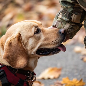 Service dog assisting veteran in kitchen morning routine high resolution picture