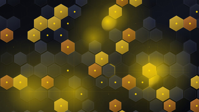 Abstract glowing hexagon pattern, futuristic black and gold honeycomb background, geometric tech texture with yellow light effects