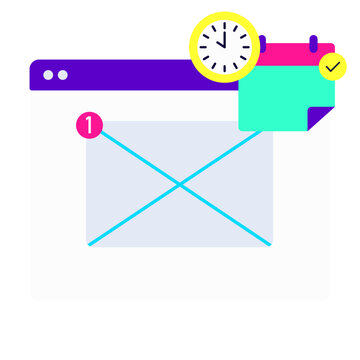 Email notification icon with browser window, clock, and calendar isolated. Neon color. Vector illustration