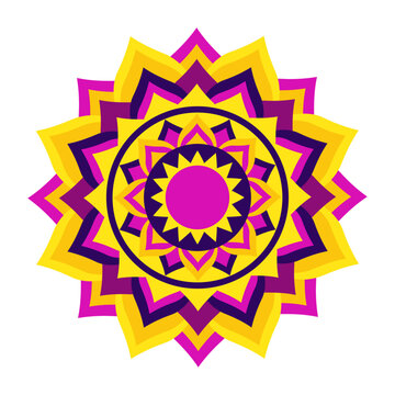 Colorful Diwali mandala rangoli ornament icon isolated on white background. Indian traditional decoration. Yellow, purple, pink, gold color. Vector illustration