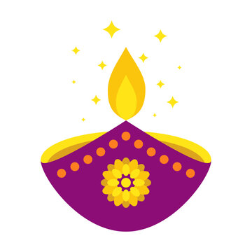 Diwali diya oil lamp icon with marigold flower and burning flame isolated on white background. Festive Diwali decoration. Golden, pink, yellow, purple color. Vector illustration