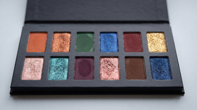 An open eyeshadow palette with twelve vibrant colors in rectangular pans, including ad social media download thambnail poster web template event festival 2026 2027 2028