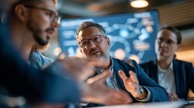 Multidisciplinary team of data scientist, legal advisor and business manager discussing the transparency of an AI model around a conference table, large display showing a simple