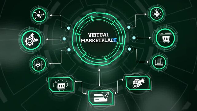 Virtual marketplace layout coordinating multi-vendor commercial trades and global product catalogs
