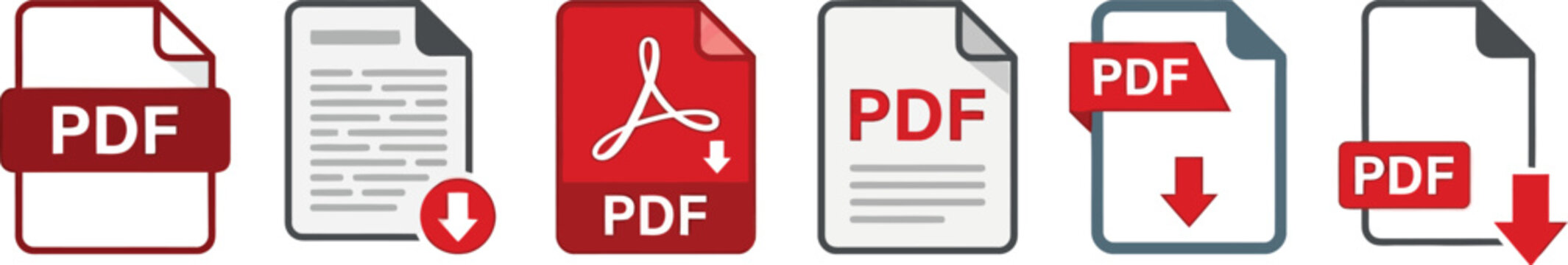 Set of pdf file icons with download arrows and document symbols.