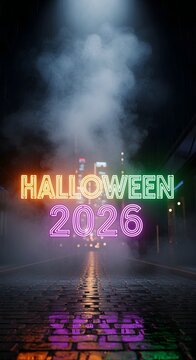 A refreshed and expressive rephrasing of cinematic smoke revealing neon Halloween 2026? text, giving it a more contemporary descriptive tone.
