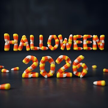 Typography Halloween 2026? made of candy corn pieces.