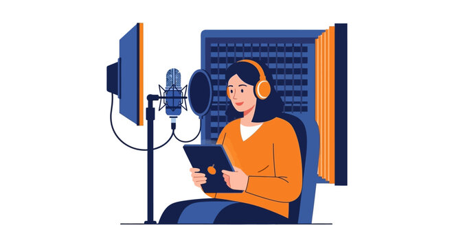 Female Podcaster or Voice Artist Recording Audio in Studio with Microphone and Headphones, Vector Flat Illustration for Content Creation and Broadcasting
