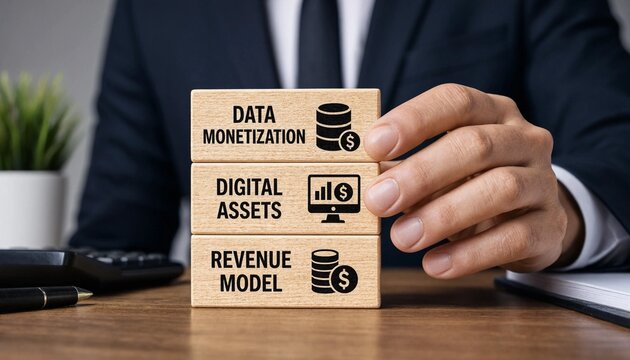 Professional stacking wooden blocks illustrating data monetization digital assets and revenue model concepts on office desk