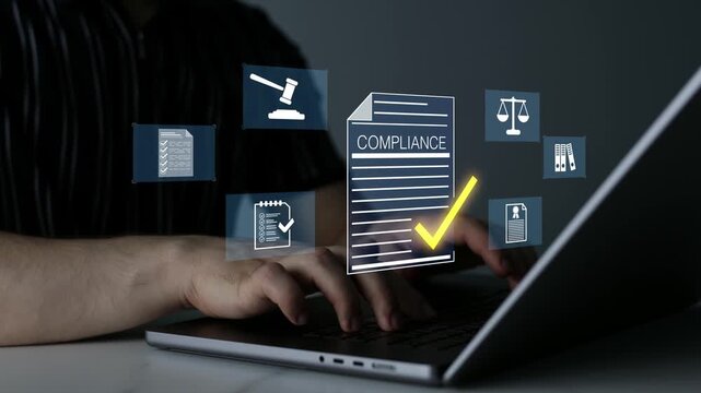 Compliance law,corporate rules concept with documents, checkmarks, regulation. Modern governance, legal standards, policy management ensuring transparency, safety, structured organizational control.