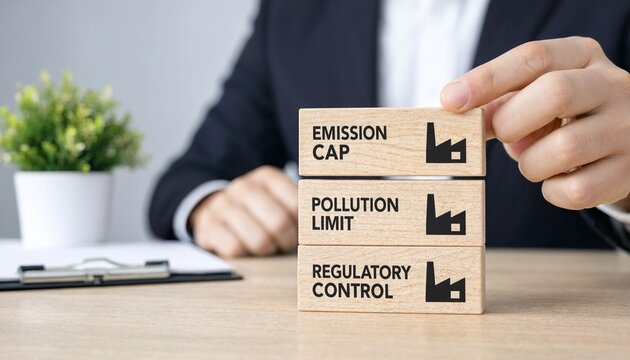 Professional stacking wooden blocks representing environmental regulations and pollution control measures on a desk