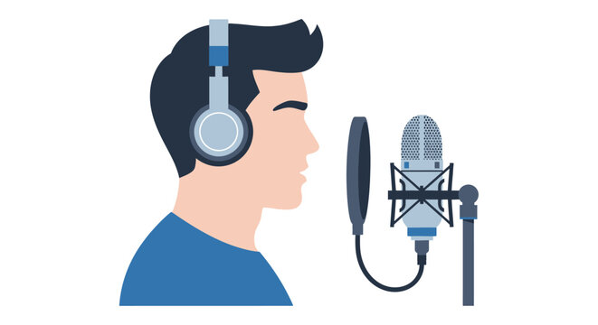 Man Podcasting with Professional Microphone and Headphones - Flat Vector Illustration for Radio, Voiceover, and Content Creation Concepts