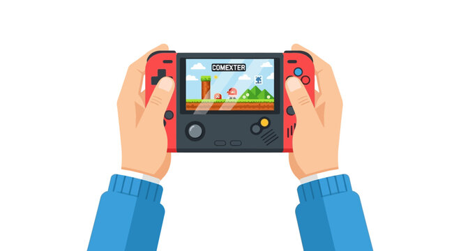 Hand Holding Portable Handheld Video Game Console Playing Retro Pixel Art Platformer Game Flat Vector Illustration