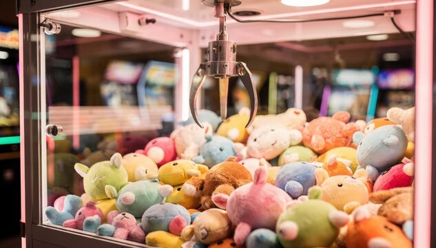 Medium shot capturing a brightly lit claw machine cabinet overflowing with soft colorful stuffed animals claw sharply in focus while the room behind fades softly.