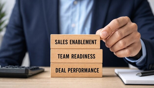 Professional stacking wooden blocks showing sales enablement team readiness and deal performance concepts on desk