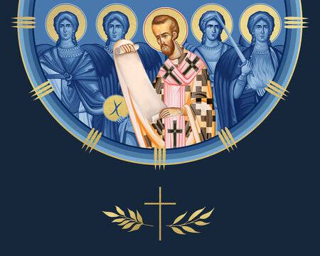 John Chrysostom and four cardinal points (Archangel Gabriel, Uriel, Raphael and Michael). Illustration in Byzantine style isolated