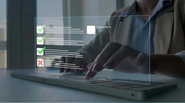 Businessman in computer doing online data documentation checklist survey. Fast checklist,clipboard task business management.Productivity checklist and filling survey form online.	
