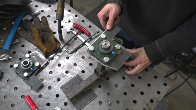 A worker tightens nuts and bolts into a transmission mechanism on bearings