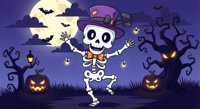 Cute dancing skeleton character celebrating a fun hallowen night with pumpkins and moon