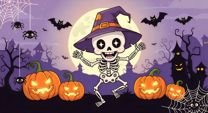 Cute cartoon skeleton wearing a witch hat for a spooky hallowen night celebration