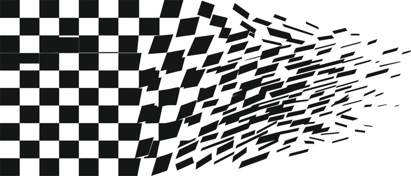 Abstract disintegrating checkered racing flag background with black squares flying away.