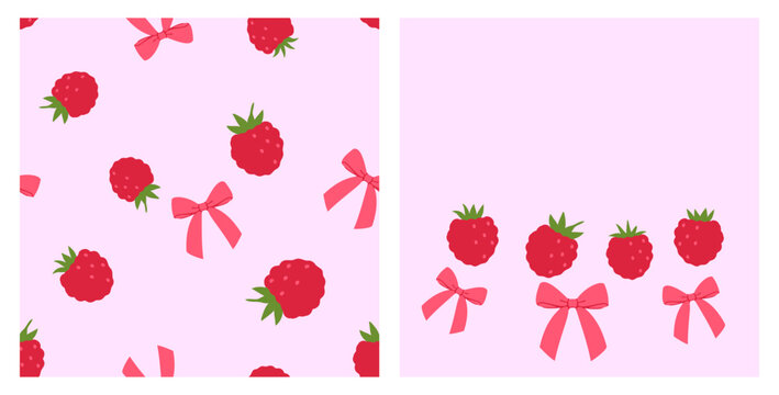 Cute seamless raspberry pattern featuring sweet red berries and decorative ribbon bows in hand drawn flat vector style for fabric, wrapping paper, nursery decor, stickers, packaging, and textile desig