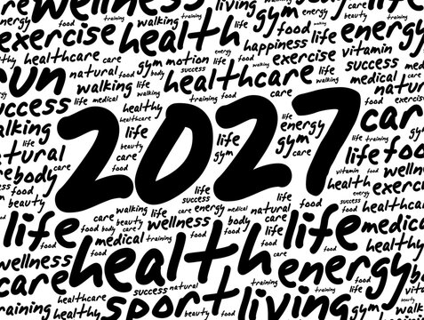 2027 health and fitness word cloud concept background with HEALTH, LIFE, EXERCISE, GYM, LIVING, ENERGY, SPORT, WELLNESS, HEALTHCARE typography pattern.