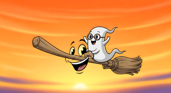 Cute cartoon ghost flying on a wooden broomstick for a fun hallowen celebration