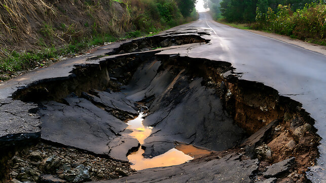 The road surface was cracked and broken, large chunks of asphalt had collapsed into potholes, revealing muddy earth and exposed underground pipes.
