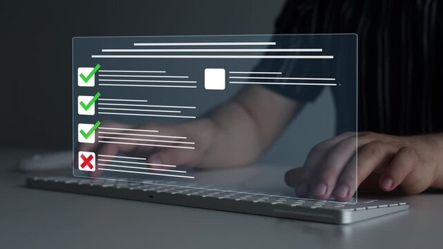 Online survey questionnaire with digital feedback form, customer evaluation and business assessment concept. Filling form, research analytics, technology interface and data review.	
