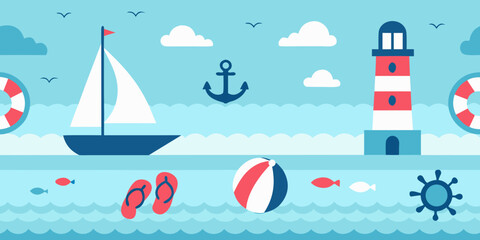 Nautical Scene With Sailboat Lighthouse And Marine Elements Vector Illustration © Laki