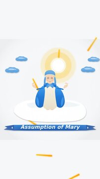 Flat vector illustration celebrating Assumption of Mary feast day with blessed Virgin Mary ascending to heaven surrounded by halo and clouds