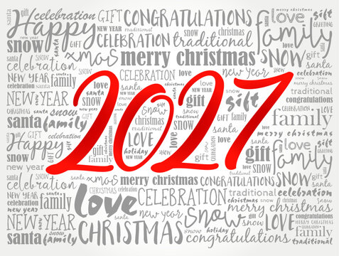 2027 HAPPY NEW YEAR CHRISTMAS word cloud concept background with CONGRATULATIONS, CELEBRATION, MERRY CHRISTMAS, FAMILY, LOVE, GIFT typography collage.
