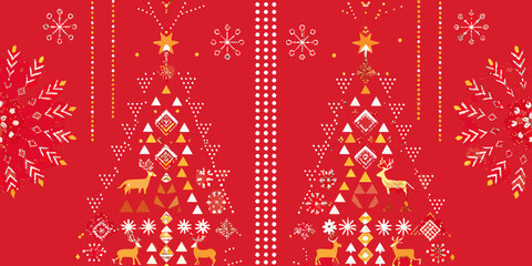 Geometric christmas pattern with reindeer trees and snowflakes on red © Laki