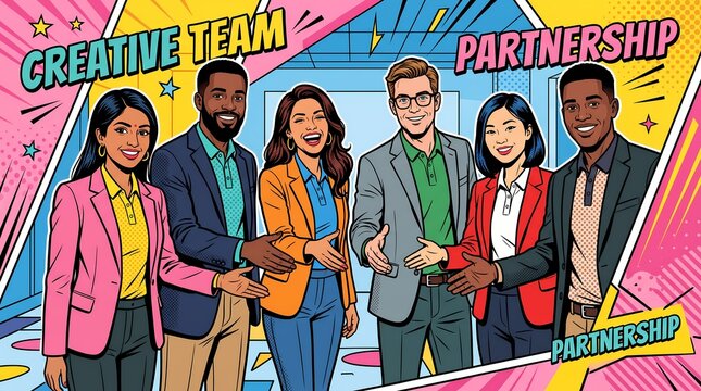 Partnership and Creative Team Concept with Diverse Professionals Joining Hands in Pop Art Style