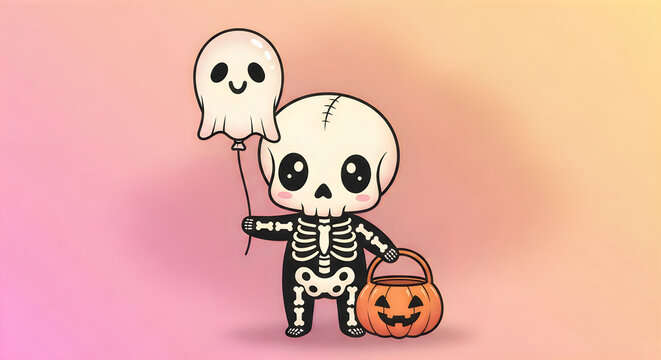 Cute cartoon skeleton child holding a ghost balloon for a fun hallowen celebration