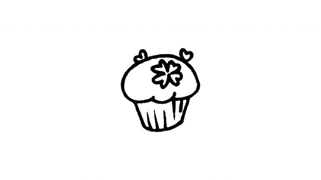 Hand drawn 4K St Patrick cupcake doodle animation with boiling line motion. Frame by frame outline on black and green screen backgrounds, perfect for Irish holiday sweet, festive clover cake.