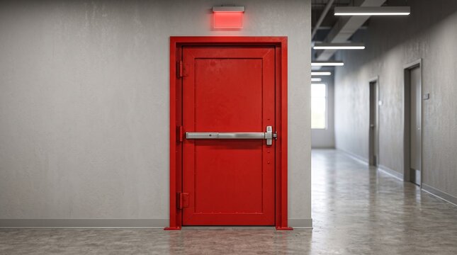 Red emergency exit door with glowing sign in a modern building hallway