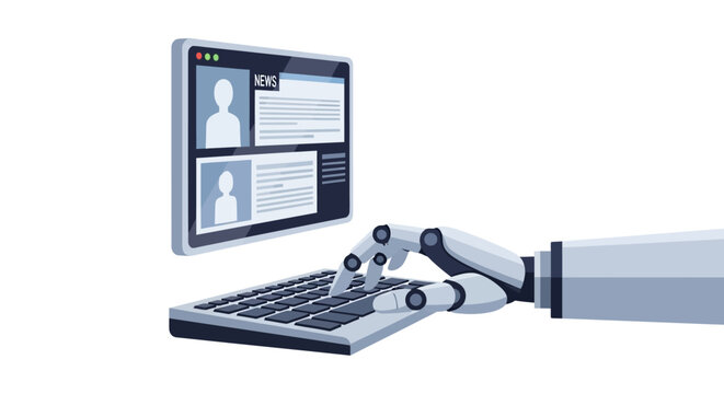 AI robot hand typing on keyboard creating digital news content, automated journalism and content creation concept