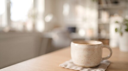 Obraz premium Peaceful morning coffee in a sunlit home environment, a cozy ceramic mug rests on a natural wooden table, inviting quiet contemplation
