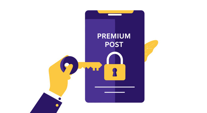 Concept of Unlocking Premium Content with Key on Smartphone Screen, Vector Illustration of Digital Subscription and Paywall Access