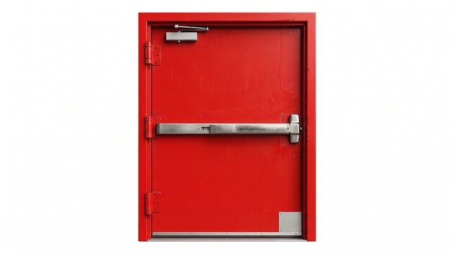 Red fire exit door with a panic bar on white background